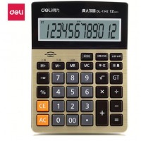 得力(deli)12位大屏幕语音计算器 闹钟日历功能计算机 金色1542A 