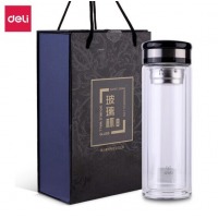 得力(deli) 双层隔热玻璃杯 男女商务带茶隔茶杯 6100 400ml