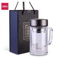 得力(deli) 双层隔热玻璃杯 男女商务带茶隔茶杯 6102 420ml