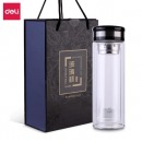 得力(deli) 双层隔热玻璃杯 男女商务带茶隔茶杯 6100 400ml