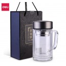 得力(deli) 双层隔热玻璃杯 男女商务带茶隔茶杯 6102 420ml