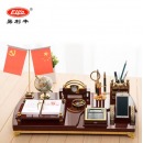 易利丰 商务办公用品带笔筒摆件办公室国旗摆件台历架多功能木质2022日历台办公桌面红旗党旗 大号 豪华款